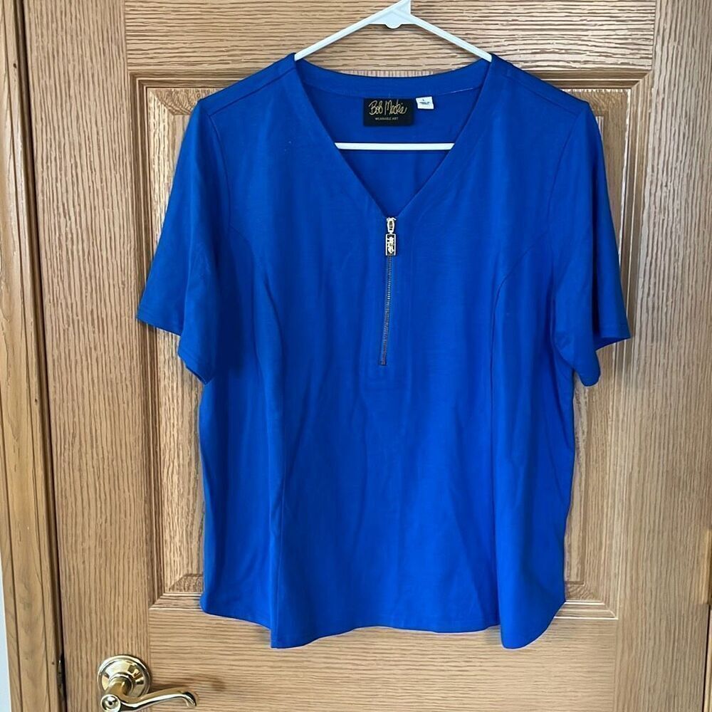 Bob Mackie Royal Blue Zipper V-Neck‎ Short Sleeve Top Large